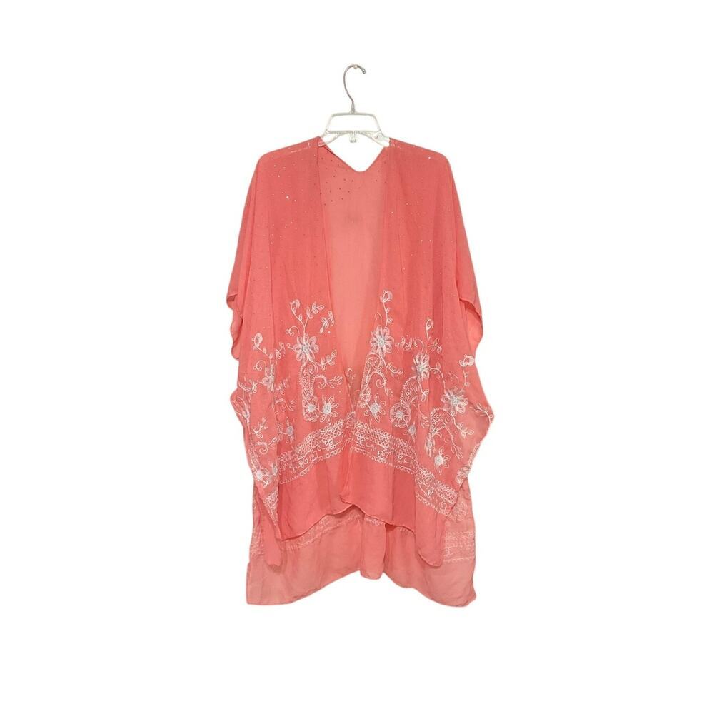 Jessica McClintock Floral Kimono Top Women OS Pink Embroidered Boho Cottage